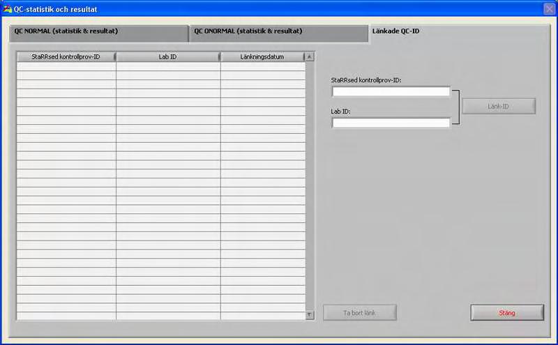 Auto-Compact programvara 5.3.5.8. Länkade QC-ID Använd denna skärm för att länka StaRRsed kontrollprov-id med ett Lab-ID eller att kontrollera vilka länkar som är aktiva. 1.