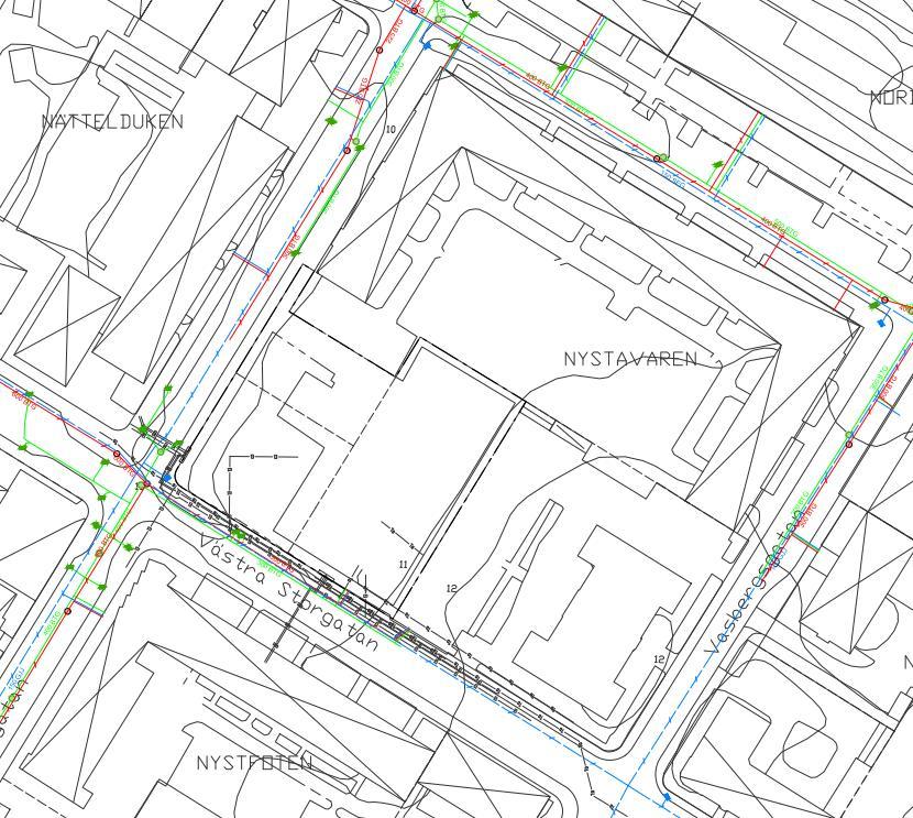 18 (22) Vattengångar saknas för delar av ledningen. Ledningen har därför antagits ha en genomsnittlig lutning på 1 %. Hälften av dagvattenflödet från Nystavaren (efter fördröjning), d.v.s. ca 30 l/s, antas ledas till förbindelsepunkten i Västra Storgatan.