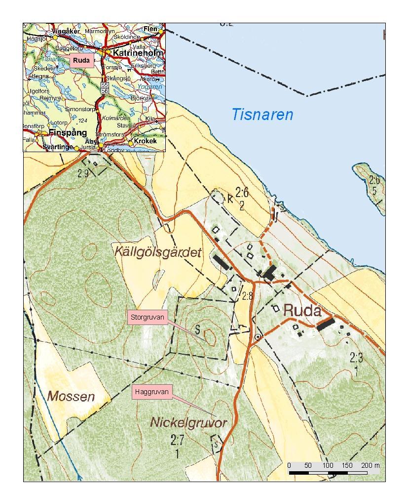 Figur 1 Översiktskarta för området kring Ruda nickelgruva. Copyright Lantmäteriet 2001-04-23. Ur Din Karta 4.