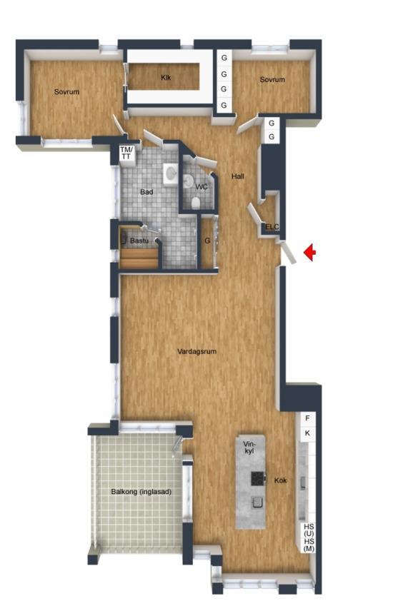 Sovrum med stor egen klädkammare/förråd Stort badrum med egen bastu Köket kan även placeras här Balkong med fantastisk vy över