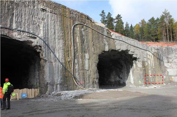 två områden, dels en vägskärning med ca 5 m höjd, och dels ett tunnelpåslag, se Figur 10.