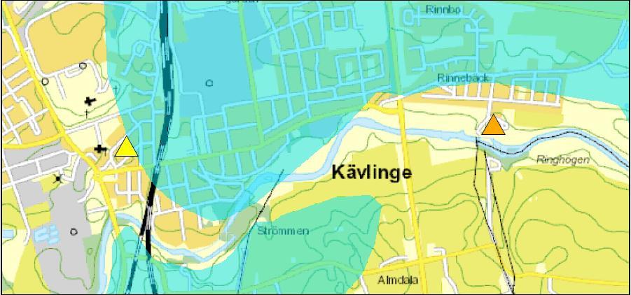 Figur 9. Inventerade objekt inom grundvattenförekomster i Kävlinge kommun. Två objekt ligger i Kävlinge. Båda objekten ligger utanför grundvattenförekomsterna, men inom inkluderad buffertzon (00 m).