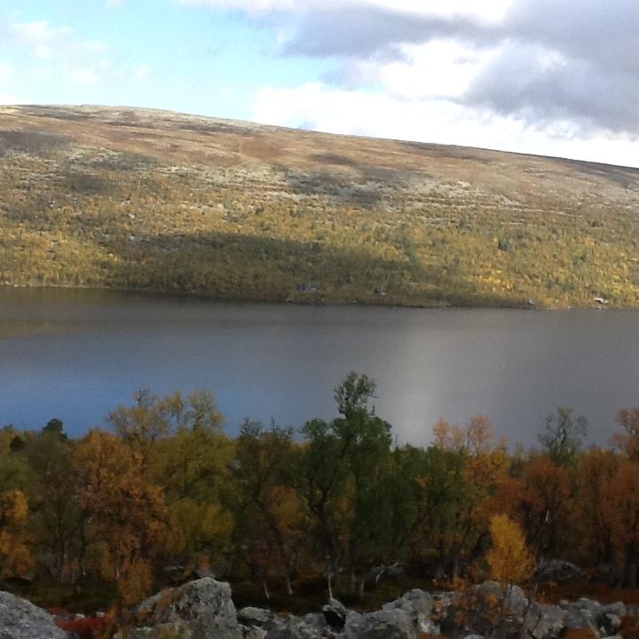 När vi gick där uppe på berget, såg vi plötsligt en vit ren. Vi tog några pauser på vägen upp. Vid första pausen drack vi vatten, för att samla krafter.