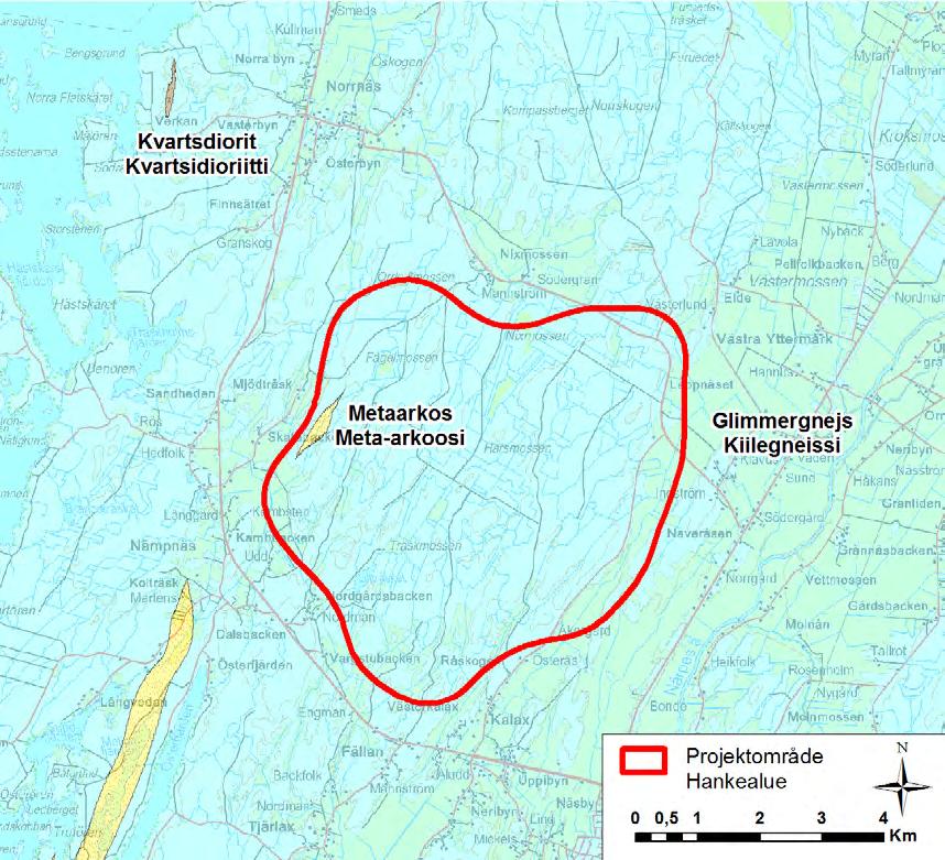 VINDIN AB OY KALAX VINDKRAFTPARK 39 (94) 9.4.3 Nuläge Berggrund Vindparksområdet hör till den svekofenniska skifferzonen i Österbotten, som uppstod för cirka 1 900 miljoner år sedan.
