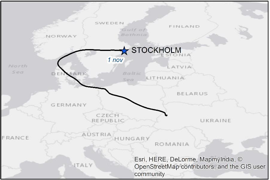 Figur 10. 5-dagars bakåttrajektoria den 1 november 2015 12 UTC, beräknad med NOAA HYSPLITmodell. Trajektorian visar hur luften har rört sig på sin väg till Stockholm.