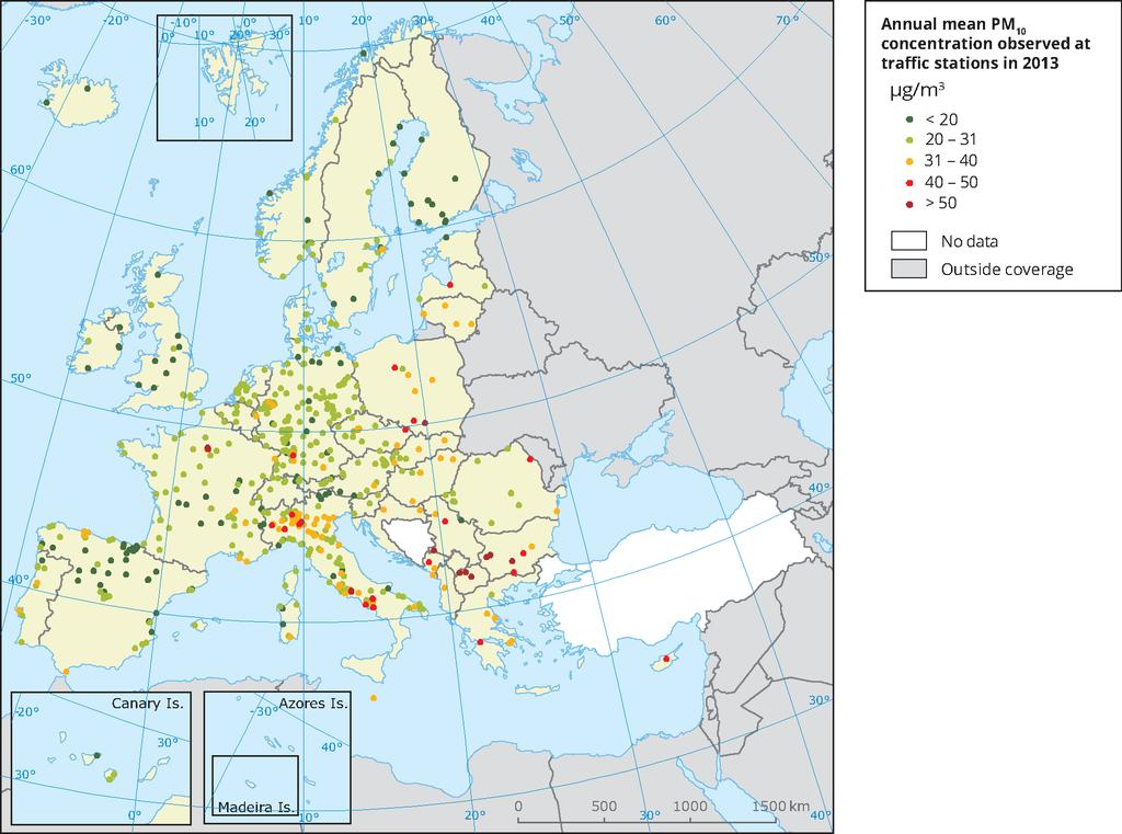 Figur 35. Årsmedelhalter av NO 2 (ug/m 3 ) i Europa baserat på uppmätta dygnsmedelvärden.