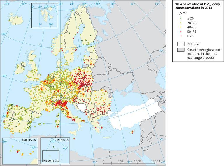 Figur 37. 90-percentil av uppmätta dygnsmedelhalter av PM10 (ug/m 3 ) i Europa.