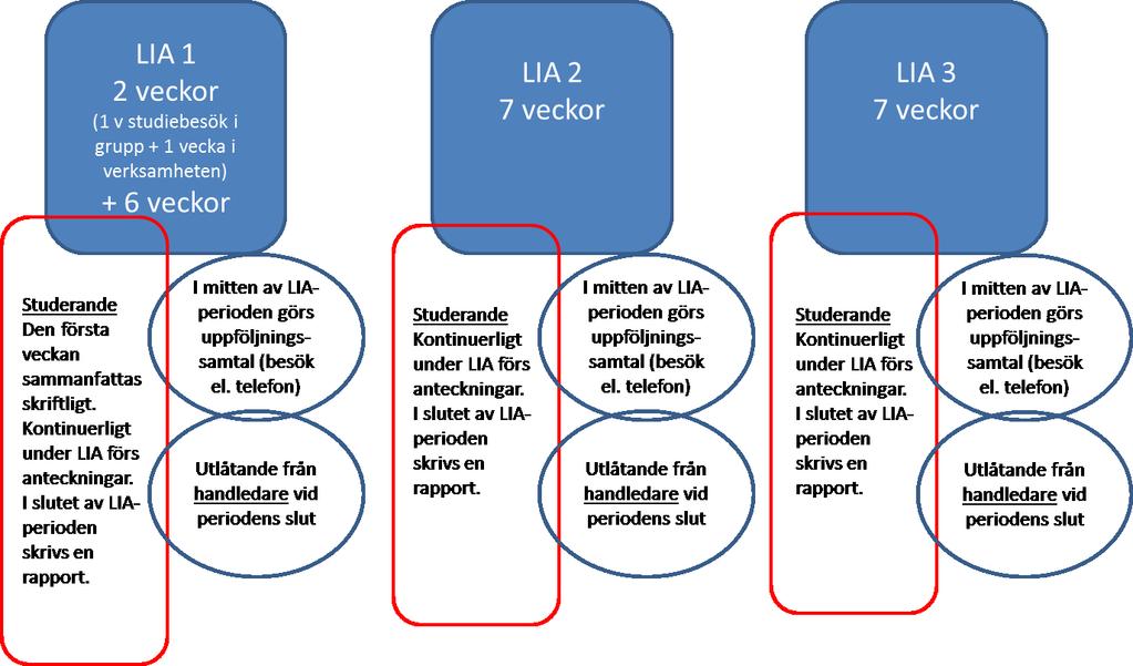 Dokumentationsprocessen under LIA Den studerande informeras inför LIA om kursmål och rapportering via genomgång och skriftliga dokument. Handledarträff genomförs inför varje LIA-period.