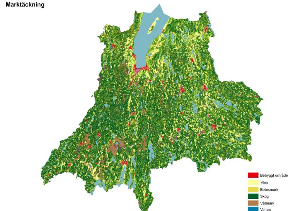 Figur 1. En översiktsbild av markanvändningen i Jönköpings län. Stora ytor är skogsklädda, men länets västra delar kännetecknas även av vidsträckta, öppna högmossar.