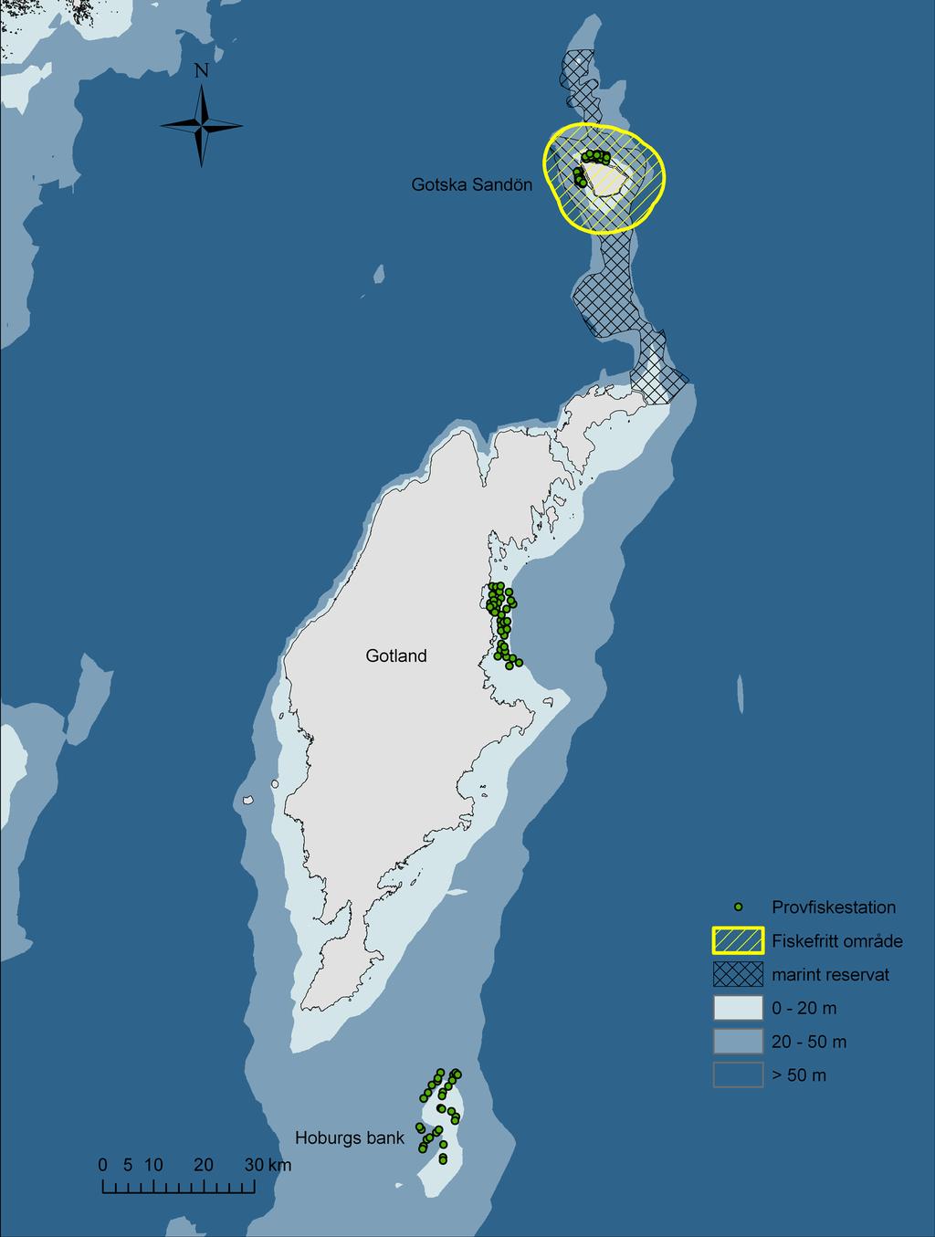 Figur 1. Fredningsområdets gräns går 4 sjömil utanför strandlinjen på Gotska Sandön (gul linje) och ligger mitt i det marina naturreservatet Salvorev Kopparstenarna (streckat).