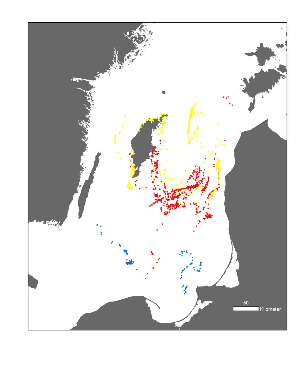 2011:8 Figur 14a. Modellering av larvspridning hos piggvar, slutpunkter efter 60 dagar från 15 juni, på 15 m (vänstra kartan) respektive 0,5 m (högra kartan) djup.