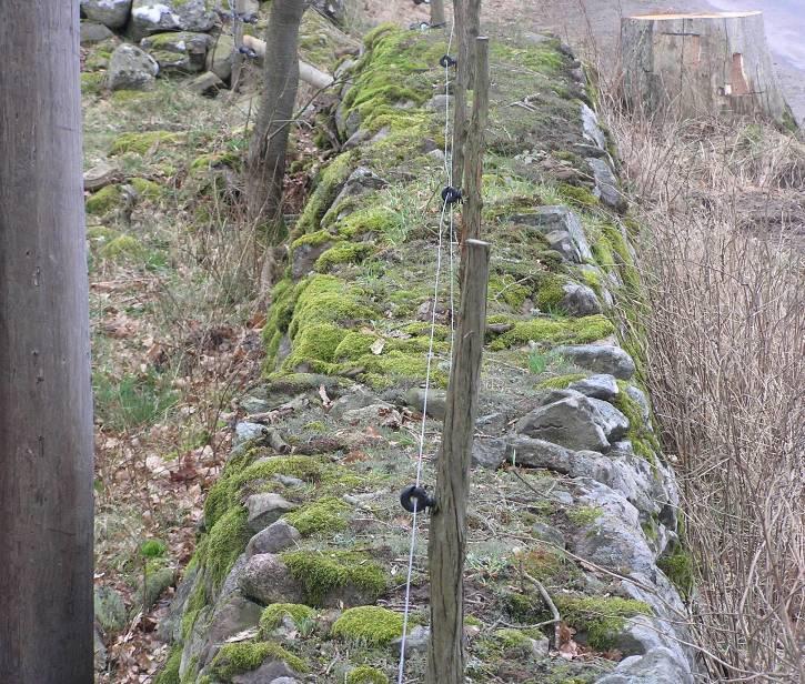 Stängsel i stenmur Använd otjärade stolpar.