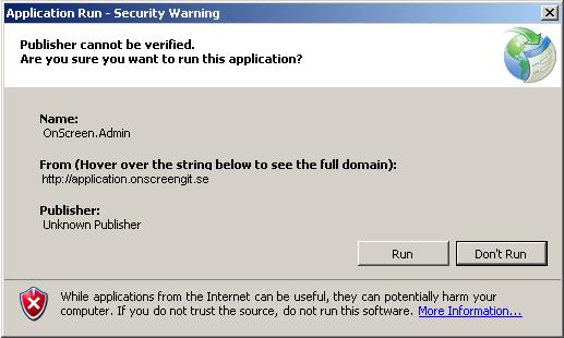 Innan verktyget startas upp första gången så kommer Windows presentera en varningen om att ett program vill köras inifrån