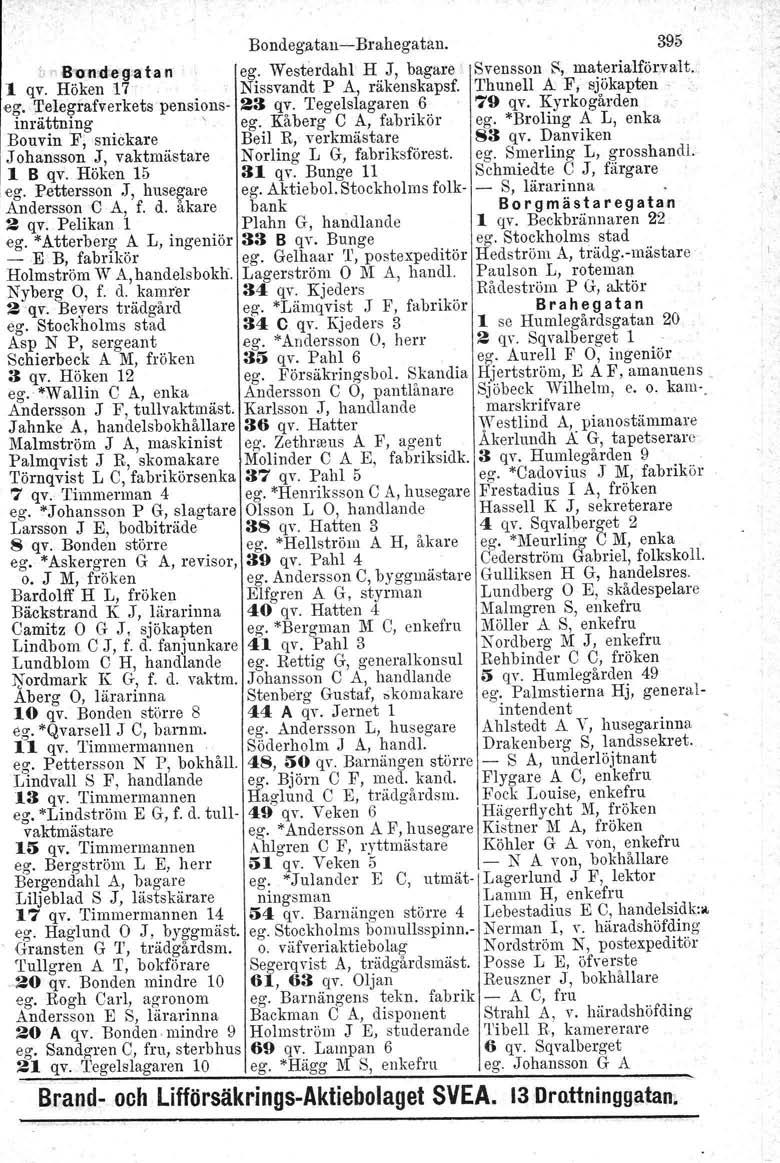 Bondegatan-i-Brahegatau. 395 k 8"on.d e g-ata n eg. Westerdahl H J, bagare Svensson 8, materialförvalt. 1 qv. Höken 17 Nissvandt P A, räkenskapsf. Thunell A.
