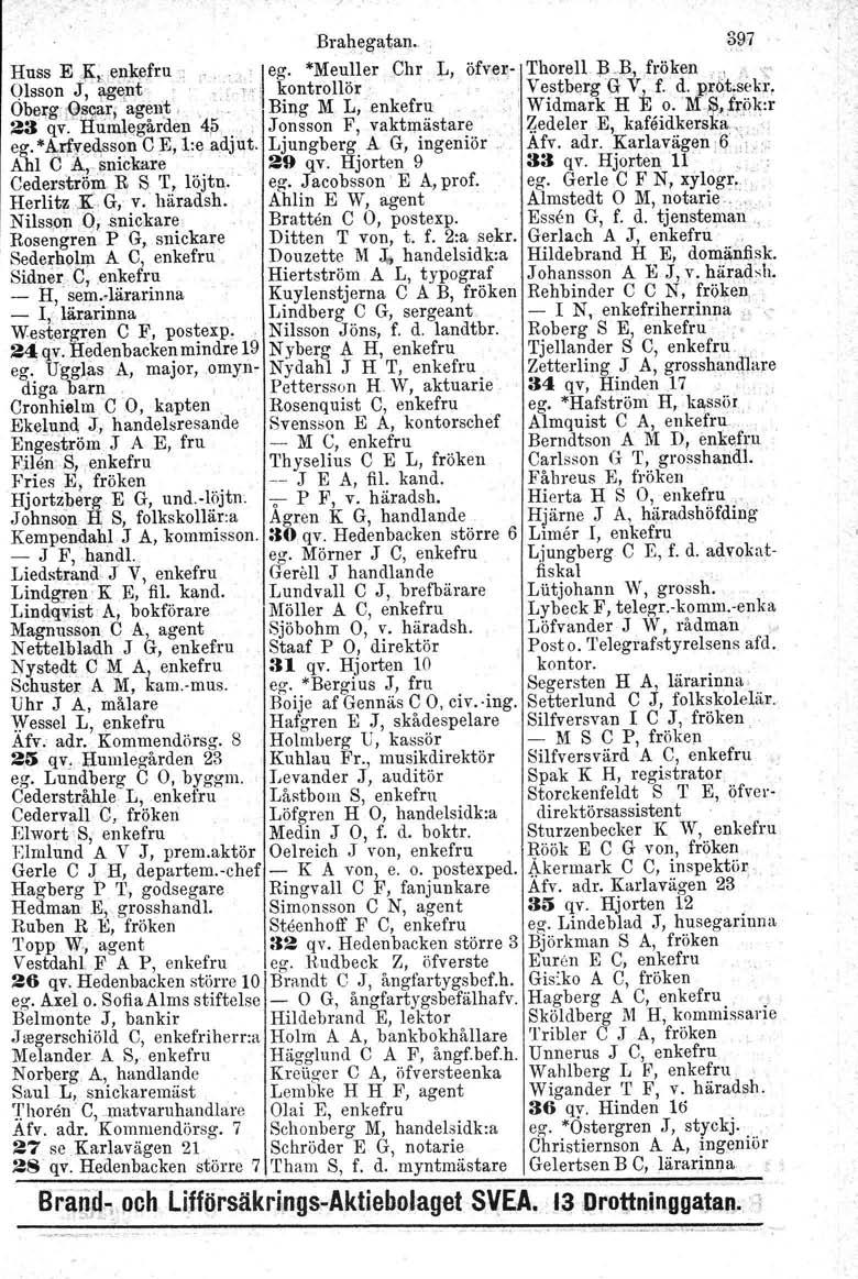 Brahegatan. B.9H Huss E $, enkefru 'leg. *MeullerChr L, öfver- Thorell. B.B, fröken,,,~ Olsson.I,'~E\nt! kontrollör. Vestberg G V, f. d.pr4t;seki\ Obe~g'19s<;ar, ag~n~, Bing M L,.
