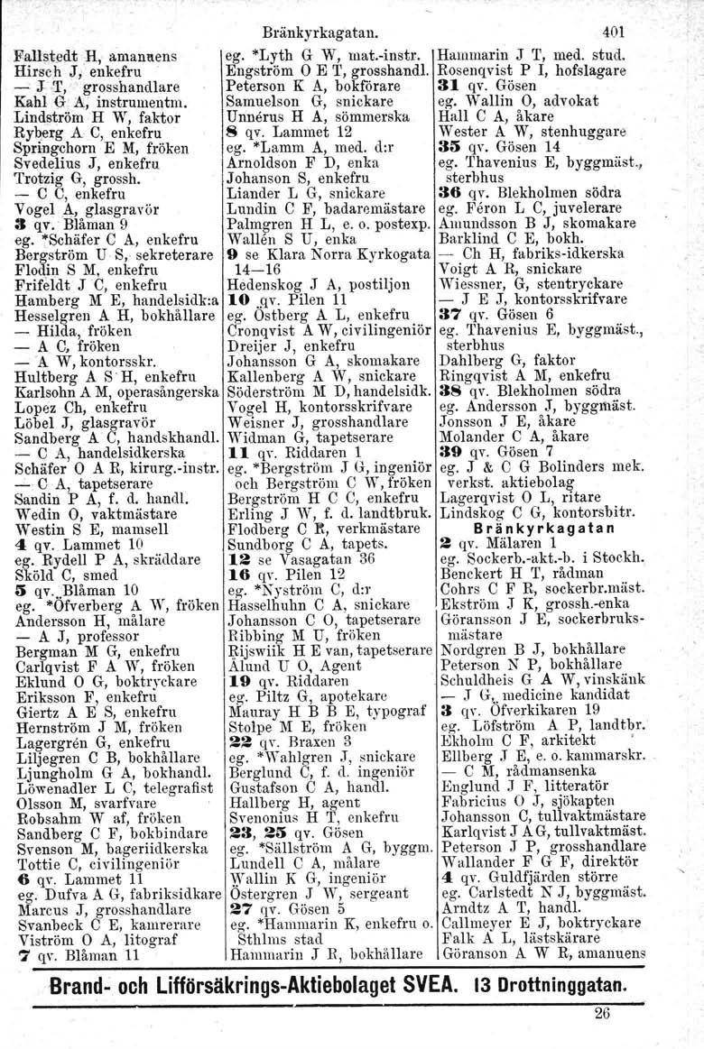 Bränkyrkagatan. 401 FallstedtH, amanuens ego "Lyth G W, mat.-instr. Hummarin J T, med. stud. Hirsch J, enkefru Engström O E T, grosshandl.
