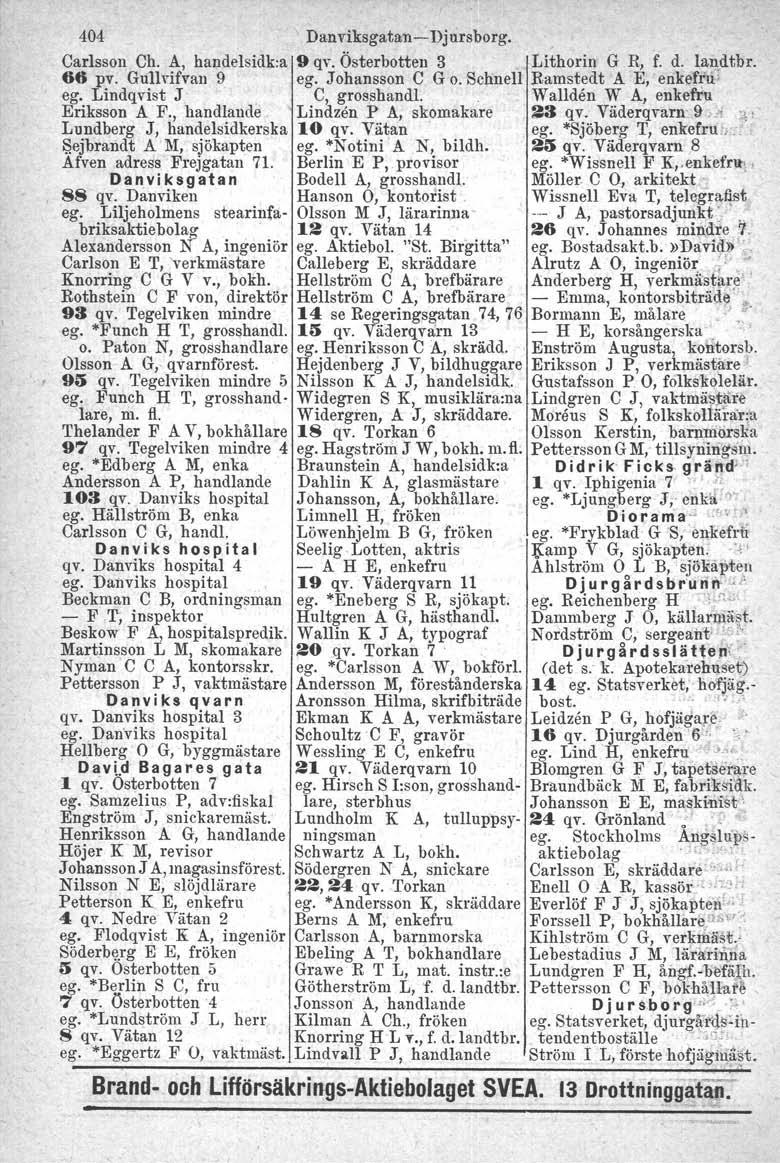 404 Danviksgatan-Djursborg. Carlsson Ch. A, handelsidk-a 9 qv. Österbotten 3 Llthorin G R, f. d. Iandtbr. 66 pv. Gullvifvan 9 eg. Johansson C Go.