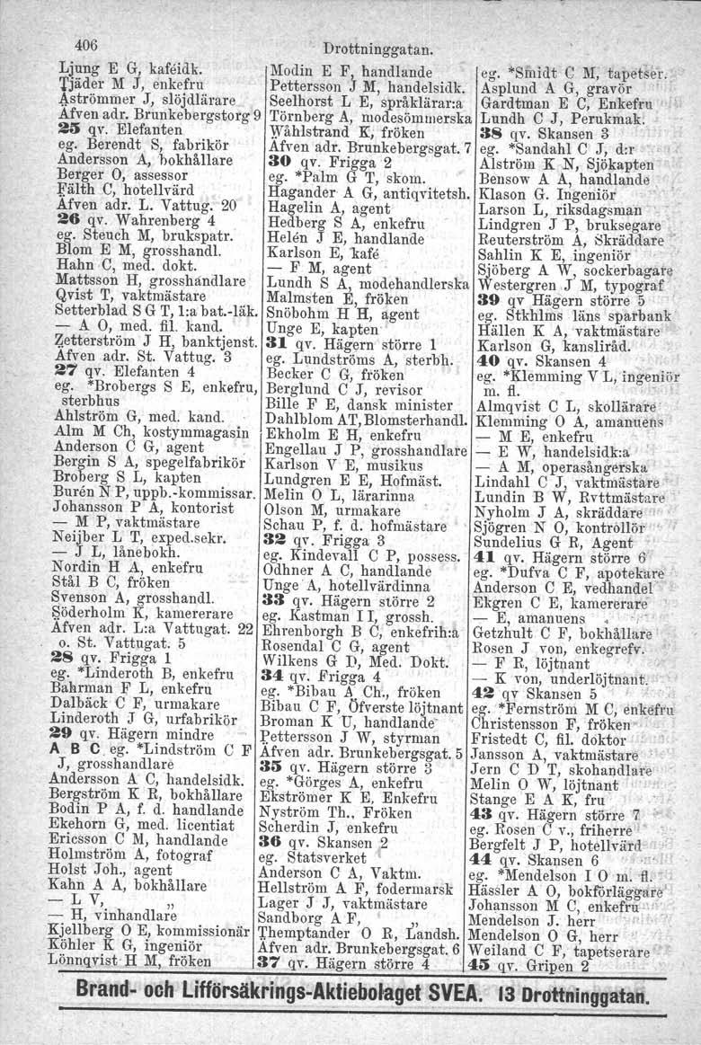 406 Drottninggatan. Ljung E G, kafeidk. Modin E F, handlande ego "Smidt C M; tapetser. Tjäder M J, enkefru Pettersson J M, handelsidk.