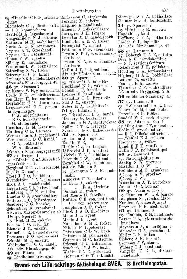 Drottninggatan. 407 eg. *Huselius e E G,juriskan-' Andersson e, strykerska Ziervogel S F A, bokhållare didat Forstner M, enkefru Zimmer G J H, kontorsbitr. Blomstedt e J, förrådskrifv.