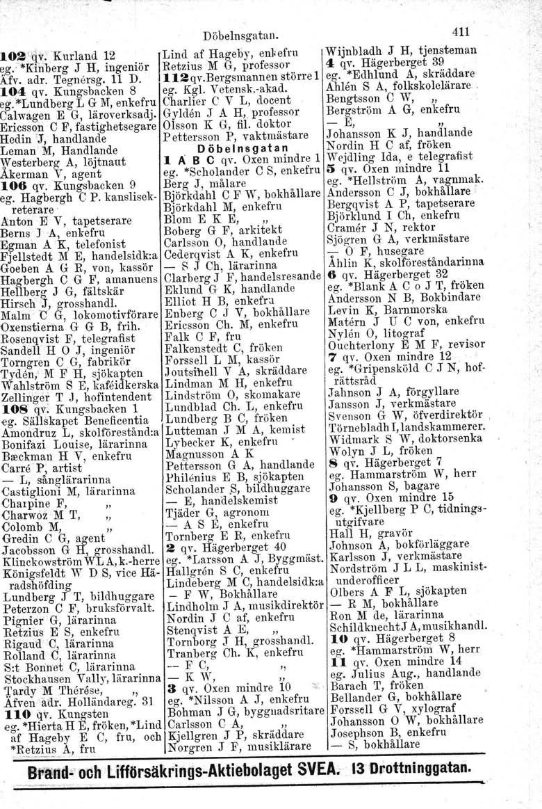Barach Döbelnsgatan. 411 102:qv.Kurland 12 ILind af Hageby, enkefru Wijnbladh J H, tjensteman ~.g""'kinberg J H, ingeniör Retzius M G, professor 4 qv. Hägerberget 39 Afv, adr. 'I'egnersg. 11 D. 112qv.