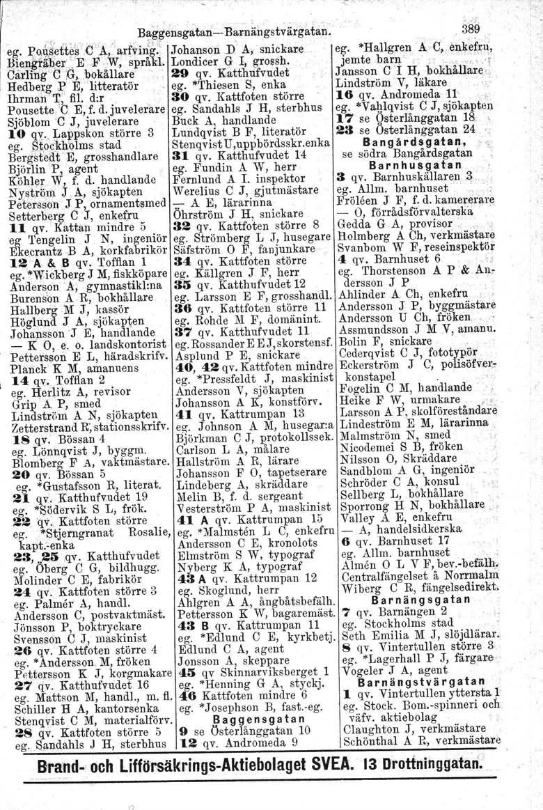 Baggerisg~tan-- Barnängst~ärgatan. 389 ego ~Q*~ett~~(lA,-arttirig.:. Johanson D Aj snickare ego "Hallgren AG,ellk,'ef,J;u, ~~e.\:l.~tjp;er,ef.w, språkl. Londicer G 1, grossh, jemtebar.n,'.,.,{'" l I CarlmgC :G,'bokallare 29 qv.