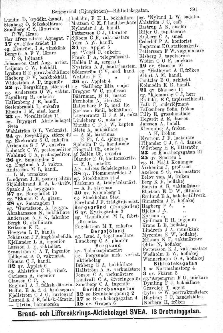 Bergsgränd (Djurgården)-Biblioteksgatan. 391 Lundin D, kryddkr.-handl. ILebahn, F H 1, bokhållare ego *Nylund L W, sadelur. Stenberg 0, folkskollärare Mattson C M, f. landtbrukare Ahlström J C, cafe.