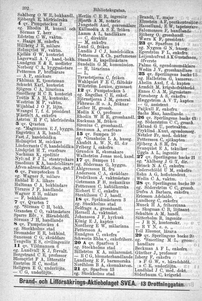392., Bihlio~eksgatan:, Sahlberg O W R, bokhandl; Herlin C. E R, ingeniör,',. Brandt, T,~ajQr J," '[.cii 1t Sjöbergh, E, jlå:rfrisö.rs)i;a,. "c Hjorth A' M,' notade.~ ~lms.tein:a.
