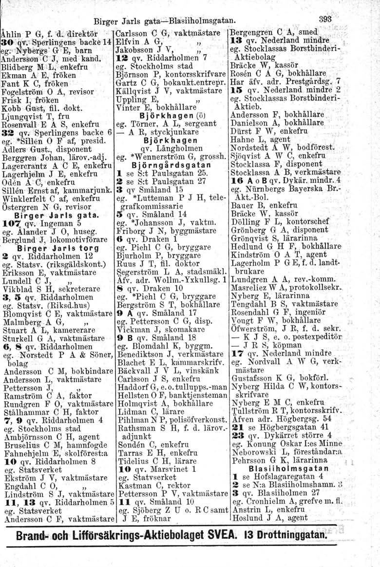 ', - Birger Jarls gata~bla'siiholmsgatan. 39S' o ~ 30.qvt'Sperhngens hlin..p... G..,..f.. d.:.dire.kt.ö.r. backe 14. Carl~son Elfv in A C G, G, vaktmästare "...IHergengre.n.' 13 qv, Nederland.c,.