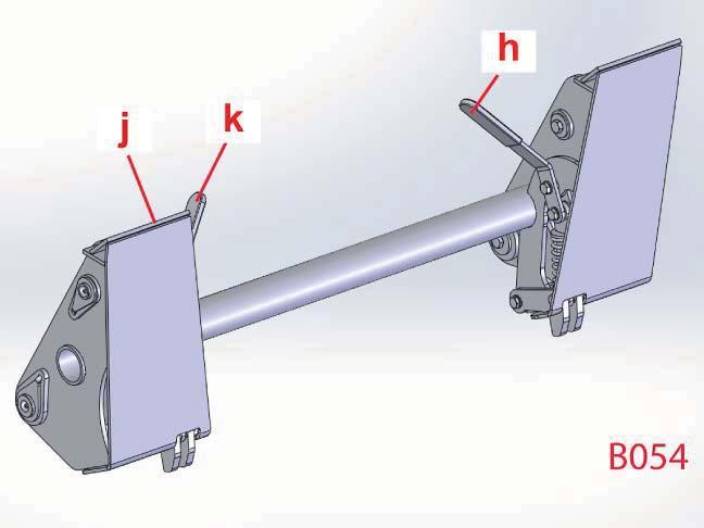 FUNKTIONSBESKRIVNING 3.3.8 Skid-Steer-kopplingsram Denna kopplingsram är avsedd att användas till Skid-Steer-redskap. Fästytans kant (j) skjuts in i redskapets fäste.