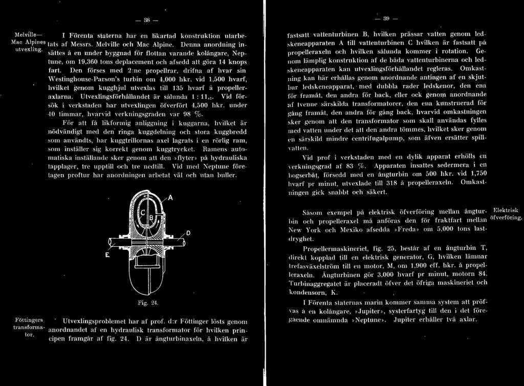 ifna af ivar sin Vestinghouse-Parson's turbin om 4,000 hkr. vid 1,500 hvarf, hviket genom kugghju uvexas ti 135 hvarf ft propeeraxarna. Utvexingsförhåandet är såunda : 11, 1.