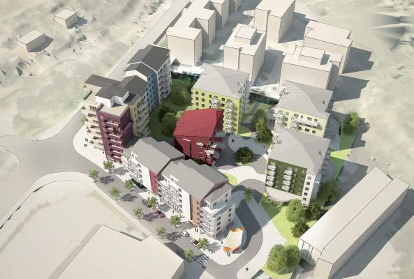 Längs gatorna föreslås varierande hushöjder, vilket ger en indelning av bebyggelsen i mindre enheter.