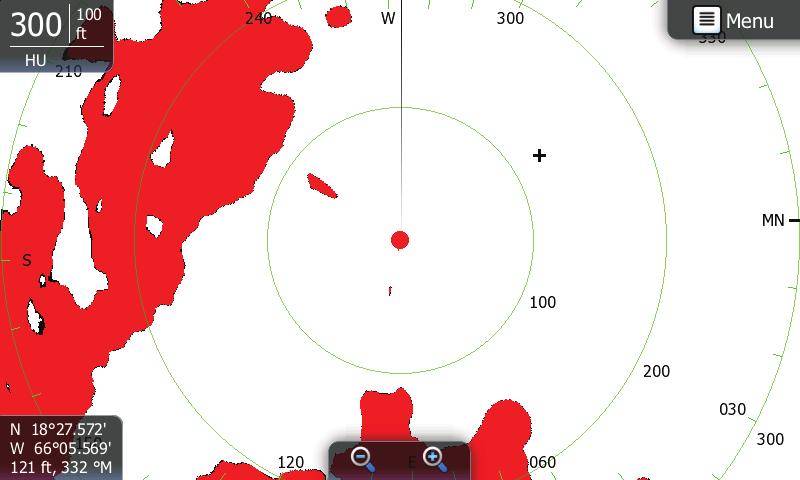 15 Använda radarn (tillbehör) Radarsidan kan ställas in för helskärmsbild eller kombinerad bild med flera fönster.