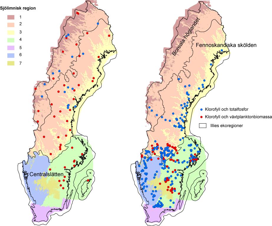 Figur 1. Referenssjöar (t.v.) som har använts för att undersöka referensvärden för klorofyll a, samt valideringssjöar (t.h.) som har använts för att validera referens- och klassgränsvärden.