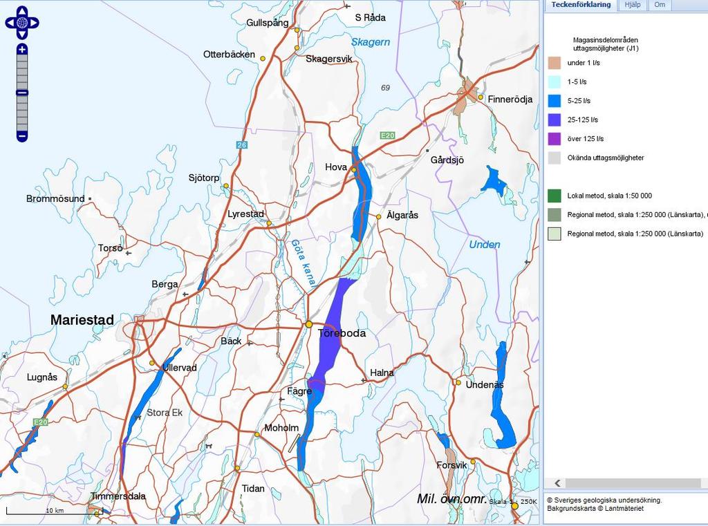 tillrinningsområdena. Indelning i två huvudsakliga klasser har gjorts. Klass 1 innebär att uttagsmöjligheten av grundvatten överstiger 25 liter per sekund och klass 2 motsvarar 5-25 liter per sekund.