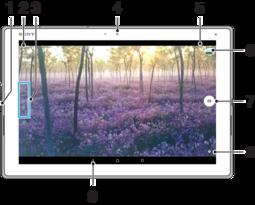 Kamera Ta foton och spela in videoklipp 1 Zooma in eller ut 2 Växla mellan den främre kameran och huvudkameran 3 Välja foto-/inspelningsläge 4 Främre kamera 5 Spara plats 6 Visa foton och videoklipp