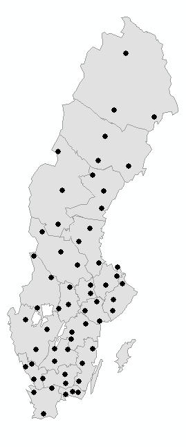 Figur 2. Karta över de väderstationersom använts i studien och deras placering i Sveriges län (Gotland inkluderades inte i analysen). Figure 2.