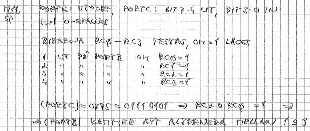 Lösningsförslag: 1. UppgiftM10 aug-09 INIT BSF STATUS,RP0 CLRF TRISB ;PORTB utport BCF STATUS,RP0 MAIN MOVLW 0X19 ;1-ställer RB0,3 o.