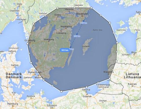 Område inom vilket det planeras för livsmedelsprovtagning (mjölk, vilt, svamp, bär, djurfoder, etc) och livsmedelsmätningar - 300 km zon föreslagen av IAEA (>1000 MW(th)) -