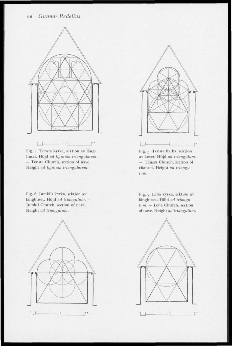 22 Gunnar Redelius U- Fig. 4. Tensta kyrka, sektion av långhuset Höjd ad figuram triangularem. Tensta Church, section of näve. Height ad figuram triangularem. Fig. 5, Tensta kvrka, sektion av koret.