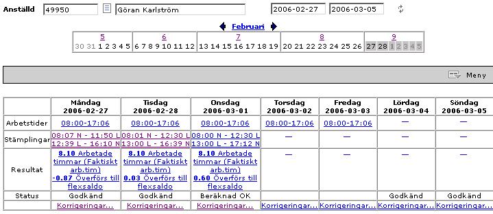 Genom att trycka på Meny-knappen kan du godkänna dina tider och även ta bort godkännandet.