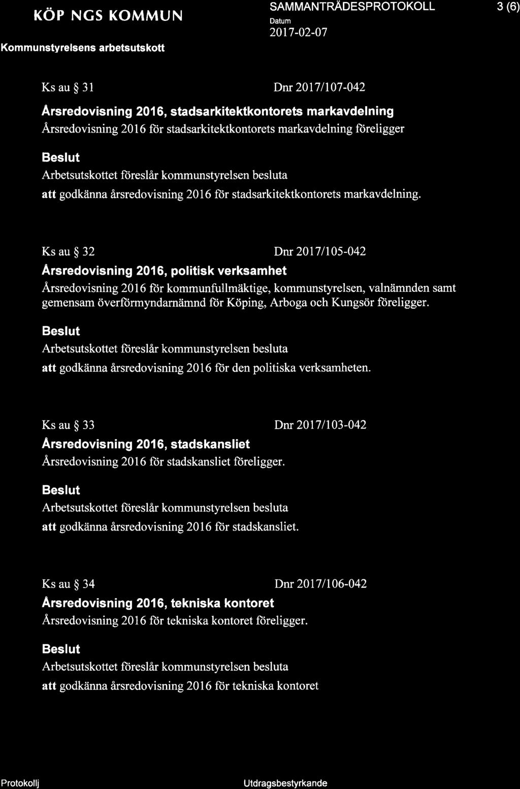 l KöPrNGs KoMMUN Kommu nstyrelsens arbetsutskott SAM MANTNÄOESP NOTOKOLL 3 (6) Ks au $ 31 Drr20l7ll07-042 Ars redovis n i n g 201 6, stadsa rkite ktko nto rets ma rkavde I n i n g Ä,rsredovisning 20