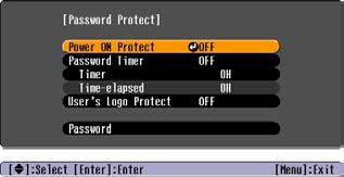 Säkerhetsfunktioner 27 Om Password Timer (Lösenordstimer) ställs in på ON (PÅ) och Timer används Lösenordsskärmen visas inte alls om strömmen slås på förrän den tid som angetts har förflutit.