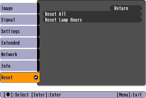 Lista över funktioner 39 Menyn Reset (Återställ) Undermeny Reset All (Återställ alla) Reset Lamp Hours (Återställ lampans timmar) Funktion Du kan återställa alla menyinställningar till