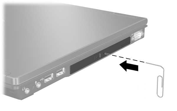 Enheter Ta ut en optisk skiva (utan ström) Om ström inte är tillgängligt: 1. Sätt i ena änden av ett gem i frigöringsfördjupningen på enhetens frontpanel. 2.