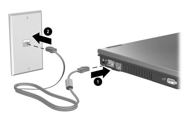 Modem och nätverk Så här ansluter du nätverkskabeln: 1. Sätt i nätverkskabeln i RJ-45-jacket (nätverk) i notebook-datorn 1. 2. Sätt i den andra änden av kabeln i ett nätverksväggjack 2.