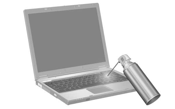 Skötsel av notebook-datorn Tangentbord Rengör tangentbordet regelbundet för att förhindra att tangenter fastnar och för att ta bort damm, ludd och partiklar som kan fastna under tangenterna.