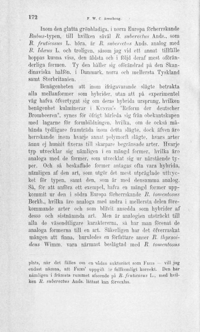172 T W. C Areschouf;. Inom den glatta grönbladiga. i norra Europa förherrskande ifrf/ws-typen, till hvilkeu såväl Ii. suberectus Ands., som R. fruticosus L. höra. är i?, suberectus Ands.