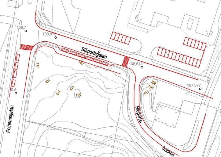 bilparkering enligt ovan måste utrymme längs Blåportsgatan reserveras för varuleveranser samt för rörelsehindrade. Bild 23. Förslag på trafiklösningar kring den nya förskolan.