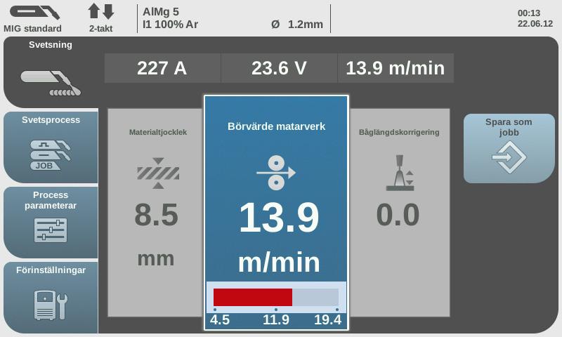 Ladda ett jobb Funktionen används för att hämta in parametrar och inställningar, från ett lagrat jobb eller EasyJob, utan att utrustningen är i jobbäge.