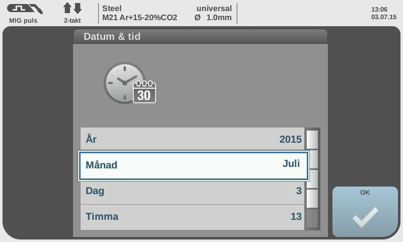 Ställa in tid och datum 1. Välj Förinställningar (Default) i vänstra kolumnen. 2. Välj Visa (View) i högra kolumnen. 3.